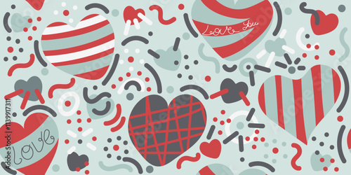 Colorful seamless doodle pattern: white, blue, red hearts, dots. Hand drawn vector illustration for cards, banners, wallpaper, textile, wrapping. Happy Valentines Day. Editable stroke	