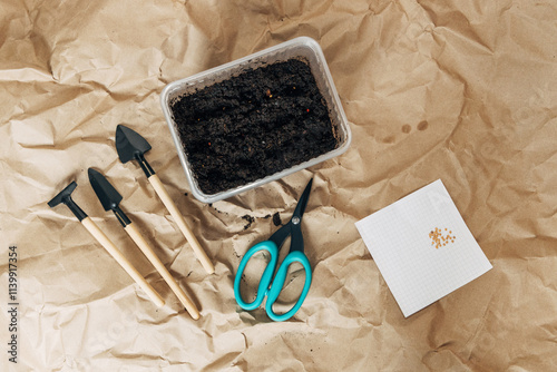 Kraft paper background, fertile soil and garden tools on top, top view. Planting seedlings in spring