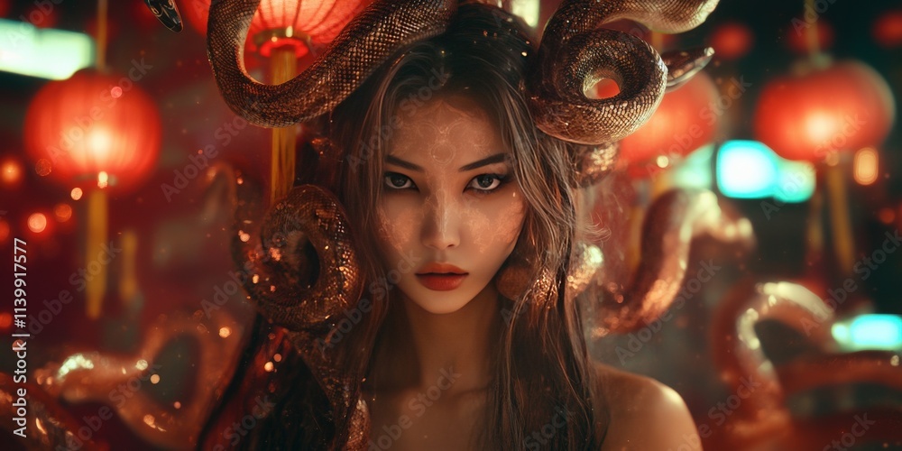 Portrait of a beautiful young Asian woman styled as Medusa the Gorgon, snakes, skin, subtle snake patterns, esoteric symbols. Chinese New Year theme, red-gold background with lanterns and clouds. Portrait of a beautiful young Asian woman styled as Medusa the Gorgon, snakes, skin, subtle snake patterns, esoteric symbols. Chinese New Year theme, red-gold background with lanterns and clouds.