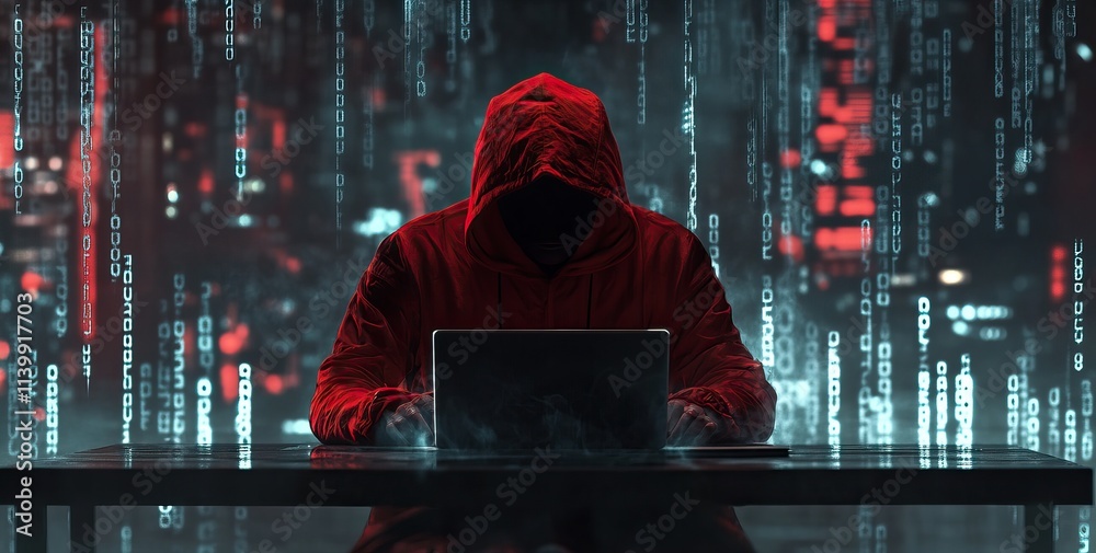 A hacker in a red hoodie using a laptop in a dark room with code on the background