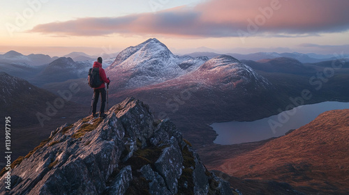 Fotografie A hiker stands on a rocky peak, overlooking a stunning mountain landscape at sunset