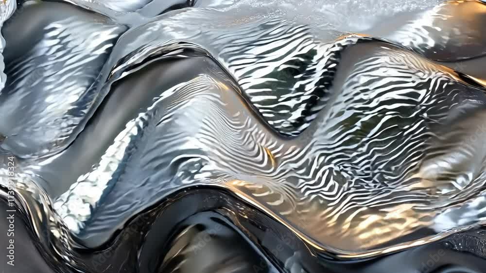 The image is a silver and gold wave that appears to be made of metal. The wave is very long and has a very shiny appearance. Scene is very calm and serene