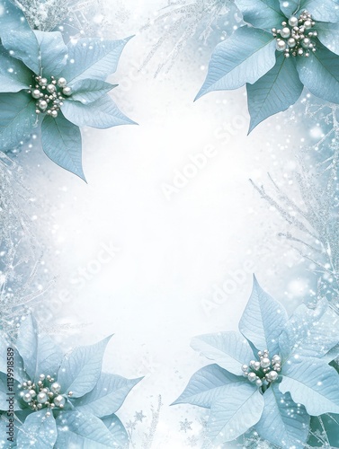 Delicate Blue Christmas Frame with Poinsettias and Sparkling Snowflakes for Holiday Designs and Creative Projects