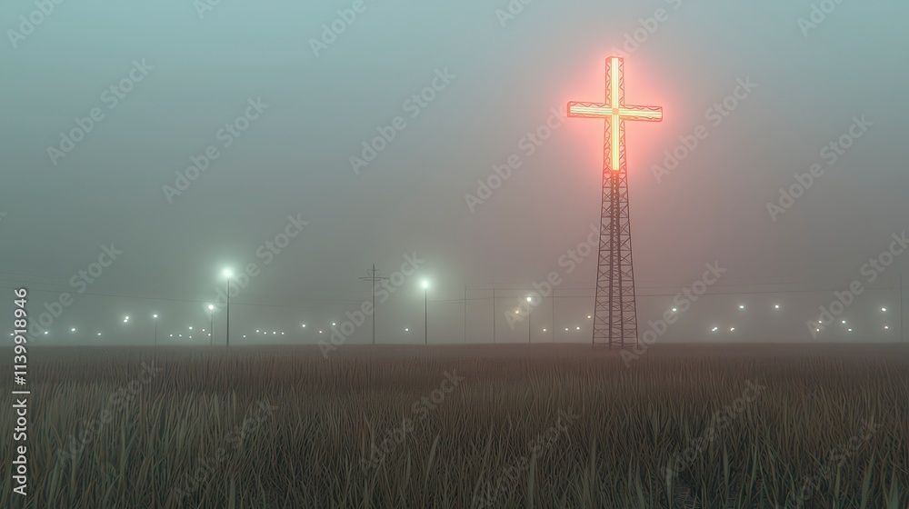 Obraz premium Foggy Field with Illuminated Cross Cinematic Landscape