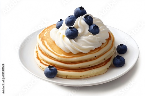 Pancakes with fresh blueberries and whipped cream, isolated on white background photo