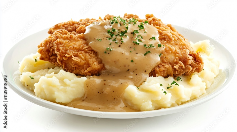 Fried Chicken Breast with Mashed Potatoes and Creamy Gravy on a Plate Fried Chicken Breast with Mashed Potatoes and Creamy Gravy on a Plate