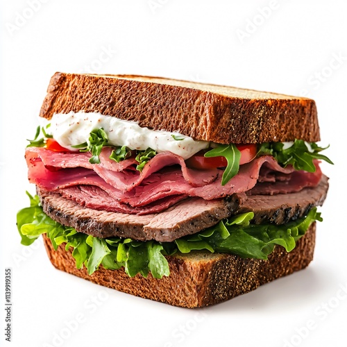 Classic Roast Beef Sandwich with Arugula and Horseradish Mayo on Artisan Bread photo