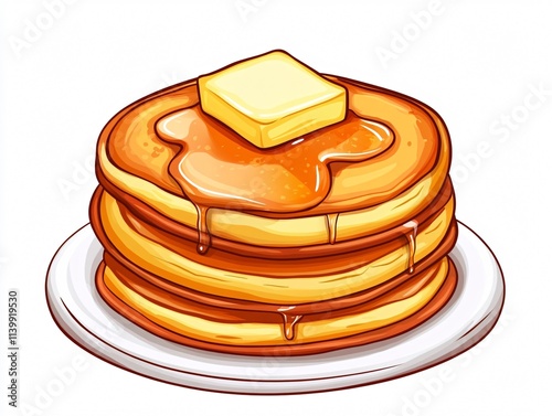 Golden Fluffy Pancakes with Drizzled Maple Syrup and Butter on Top, Isolated on White