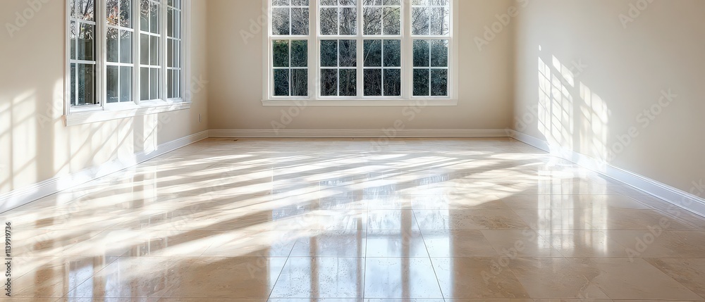 Fototapeta premium Sunlit Elegant Room Interior Beige Walls Marble Floor Large Windows
