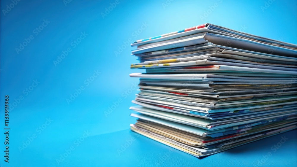 Stack of magazines on vibrant blue background, magazines, stack, books, reading, journalism, periodicals, publication, glossy Stack of magazines on vibrant blue background, magazines, stack, books, reading, journalism, periodicals, publication, glossy