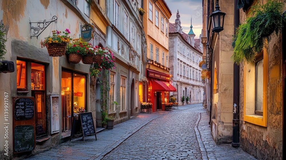 Fototapeta premium Charming Cobblestone Street Evening in Old European Town