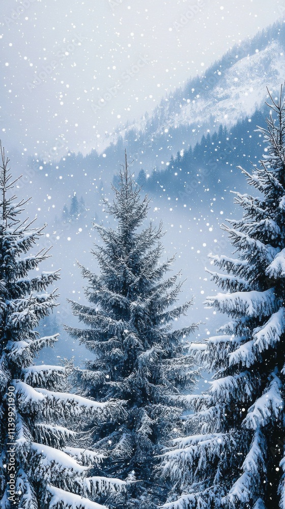 In winter, tall snow capped mountains and towering cedars