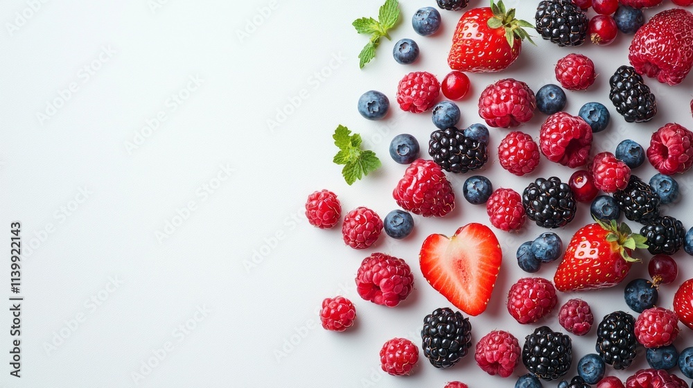 A white background with a bunch of berries and strawberries A white background with a bunch of berries and strawberries