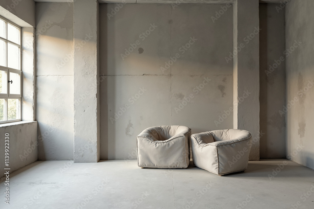 Minimalist Living Room Inspiration: Modern Grey Bean Bag Chairs in a Spacious Concrete and Natural Light Filled Room Minimalist Living Room Inspiration: Modern Grey Bean Bag Chairs in a Spacious Concrete and Natural Light Filled Room