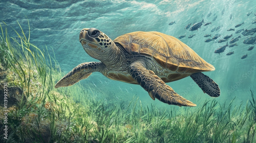 Fototapeta premium Green Sea Turtle Swimming Underwater Amidst Seagrass