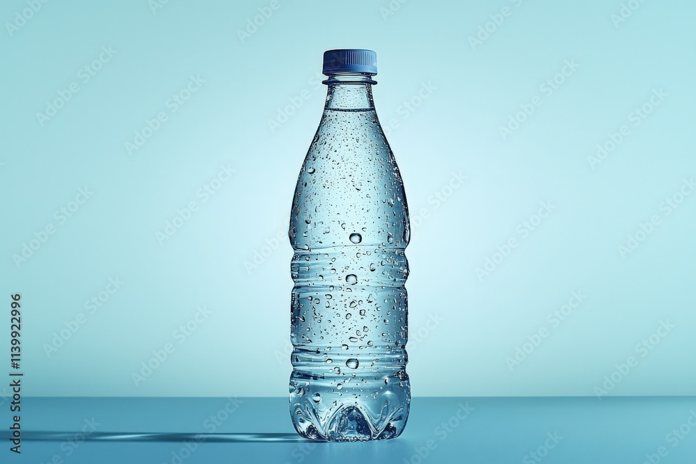 Refreshing bottled water with condensation, studio shot against a blue background. Ideal for health, hydration, and lifestyle concepts. Refreshing bottled water with condensation, studio shot against a blue background. Ideal for health, hydration, and lifestyle concepts.