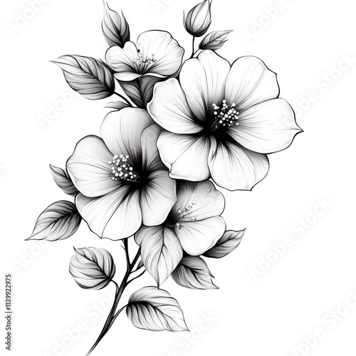 Monochrome floral bouquet drawing of hibiscus flowers and leaves.