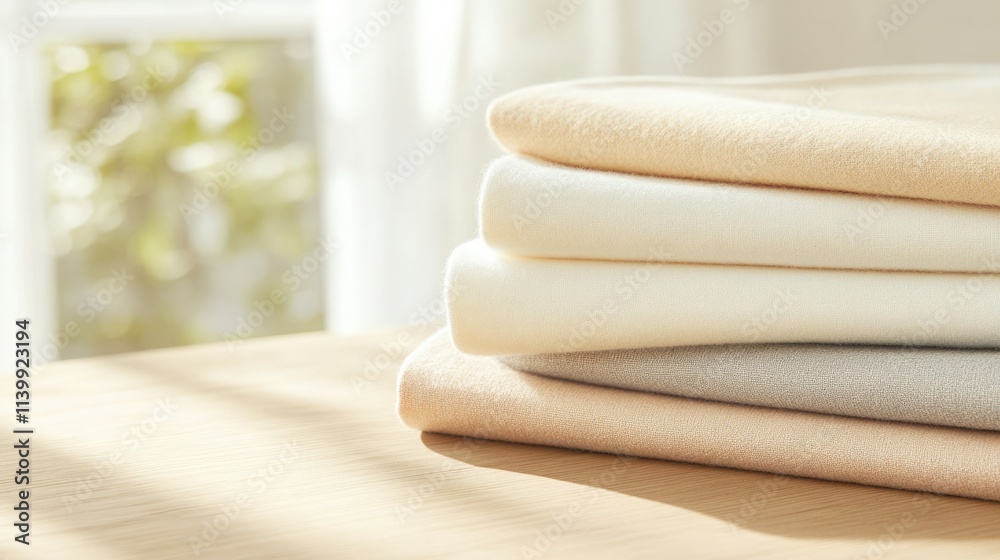Soft and cozy fabric stack with natural light enhancing warm tones in a serene interior setting Soft and cozy fabric stack with natural light enhancing warm tones in a serene interior setting