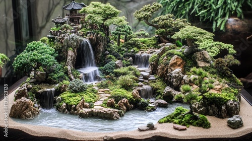 Miniature Zen Garden Landscape With Waterfall And Pavilion photo