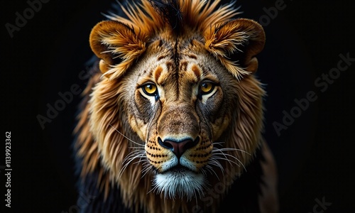 Majestic lion portrait intense golden eyes fierce expression photo