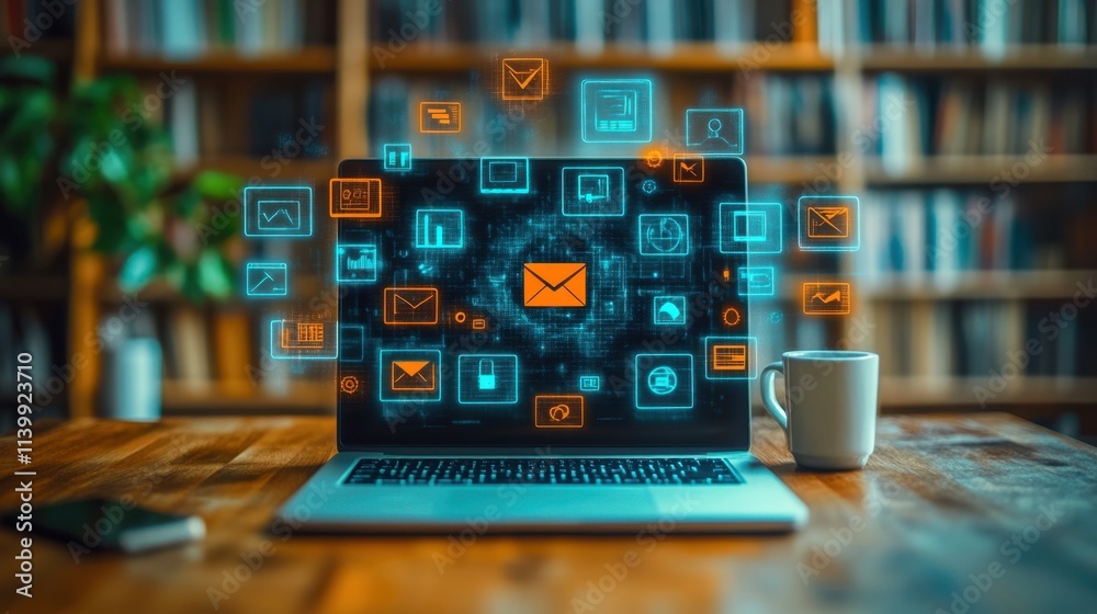 Laptop with Floating Digital Email Icons Laptop with Floating Digital Email Icons