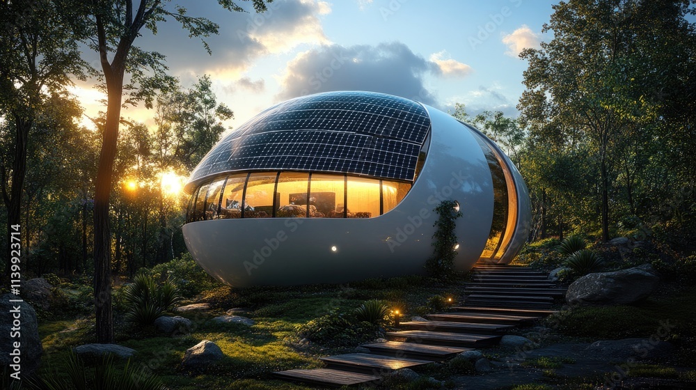 Obraz premium Spherical Solar Powered Home In A Forest Setting