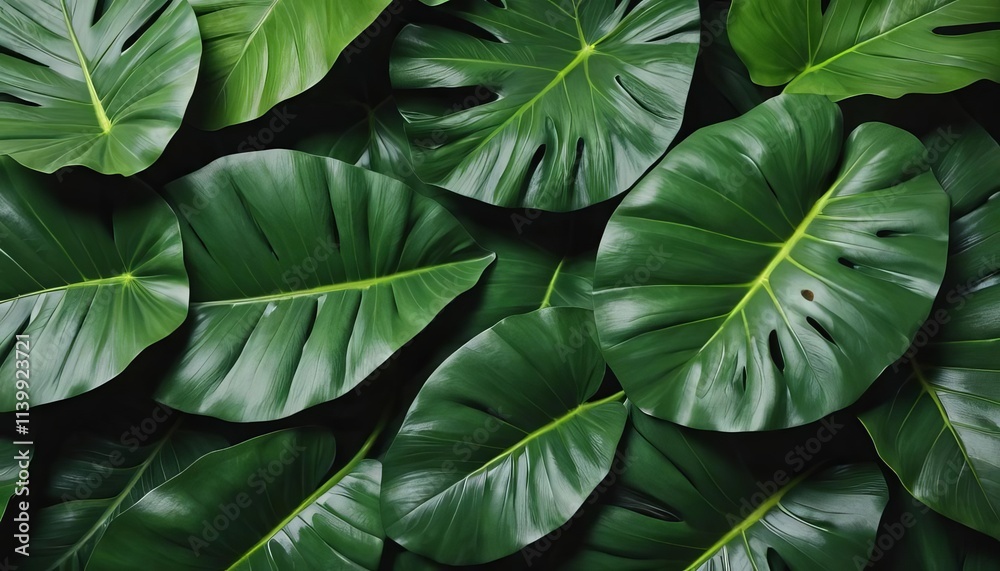 closeup tropical green leaf background. Flat lay, fresh wallpaper banner concept closeup tropical green leaf background. Flat lay, fresh wallpaper banner concept