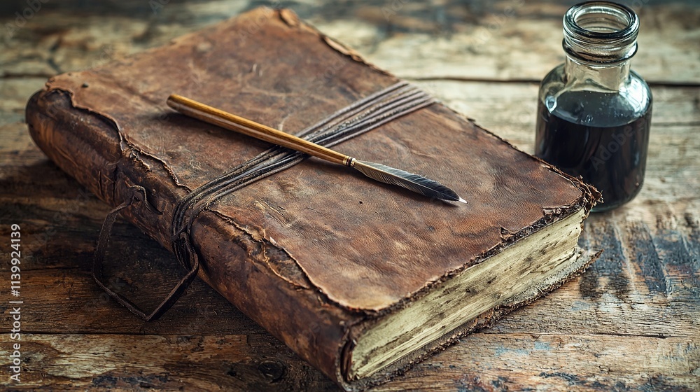 Weathered leather-bound journal with a quill and ink bottle beside it Weathered leather-bound journal with a quill and ink bottle beside it