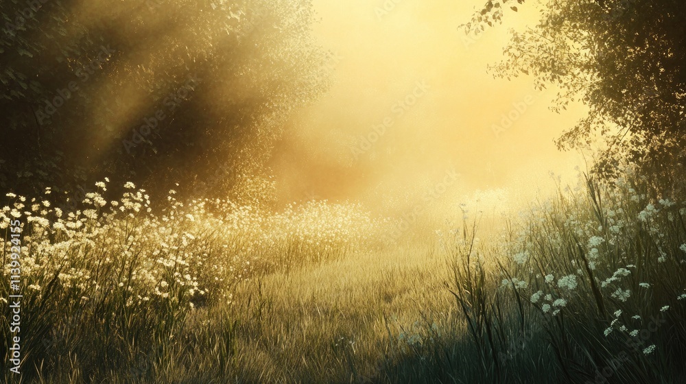 Golden Sunrise Illuminates Misty Meadow Wildflowers Golden Sunrise Illuminates Misty Meadow Wildflowers
