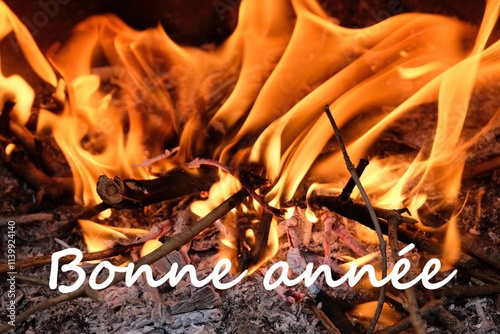 Concept de souhaiter une bonne année sur fond de feu de bois photo