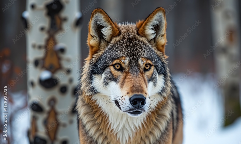 Fototapeta premium Wolf portrait winter forest piercing amber eyes snow