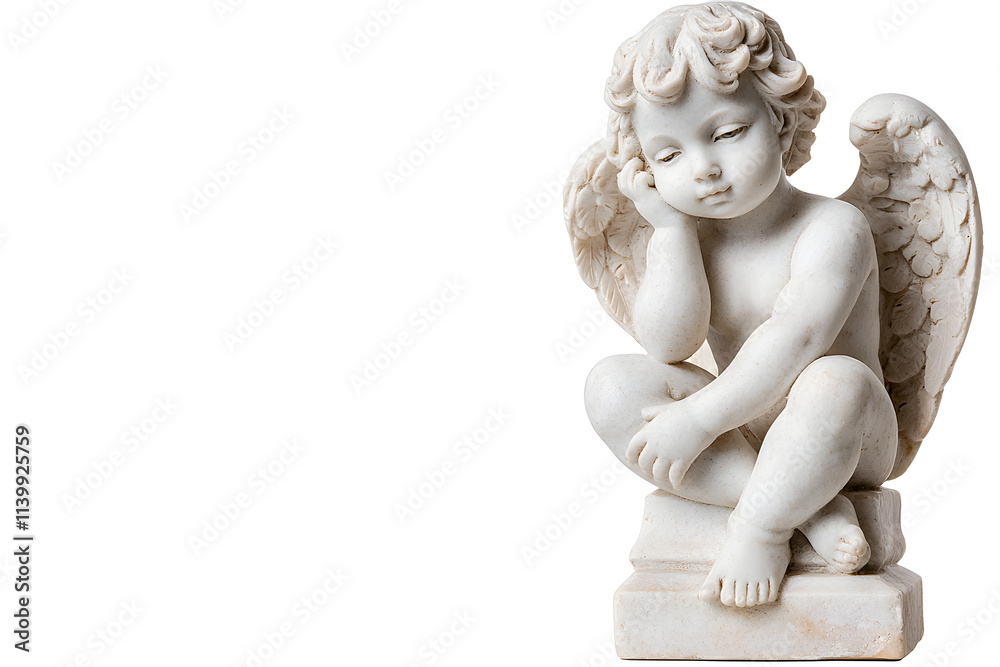 White marble statue of sitting cherub, isolated on white background White marble statue of sitting cherub, isolated on white background