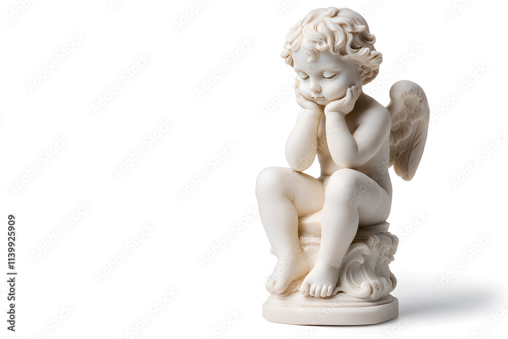 White marble statue of sitting cherub, isolated on white background White marble statue of sitting cherub, isolated on white background