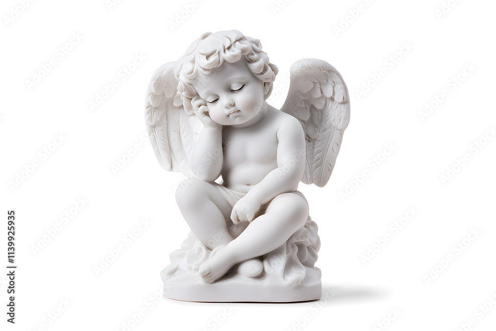 White marble statue of sitting cherub, isolated on white background White marble statue of sitting cherub, isolated on white background
