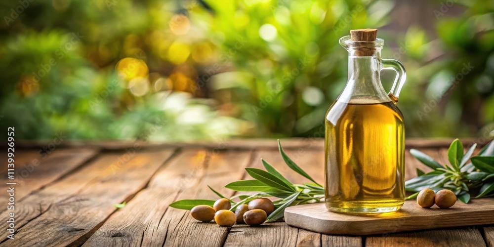 A close-up photo of a bottle of olive oil and vinegar on a wooden table, food, condiments, cooking, kitchen, ingredients A close-up photo of a bottle of olive oil and vinegar on a wooden table, food, condiments, cooking, kitchen, ingredients