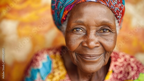 Smiling Elderly African Woman in Traditional Clothing