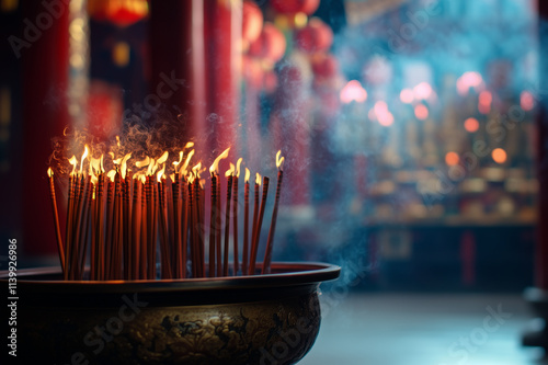 A Chinese new year walpaper, copy space, incense pot in the shrine.