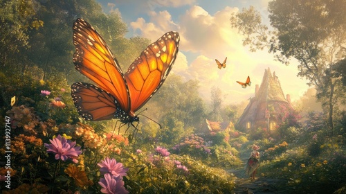 Giant Butterfly In A Magical Flower Garden