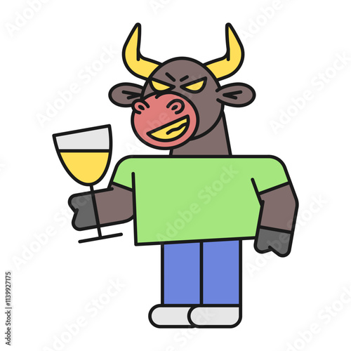 Bull holds glass with drink and smiles