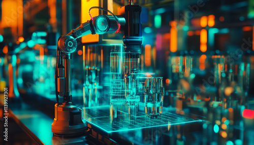 A robotic arm interacts with laboratory glassware in a futuristic research environment.