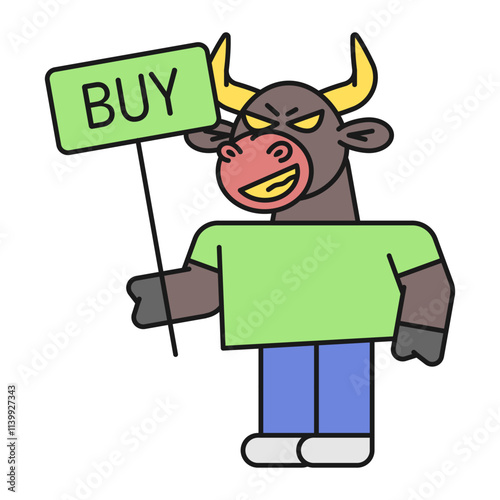 Bull holds sign with inscription buy and smiles