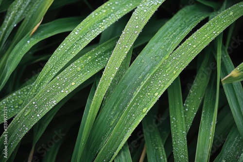 Close-up of dew-covered long green leaves, vibrant and lush. photo