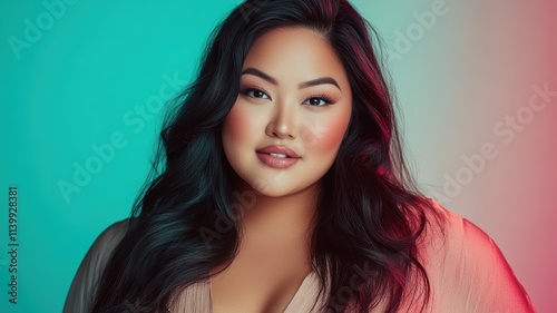 Close-up portrait of a confident woman with long, dark hair, glowing skin, and soft makeup, set against a pastel pink background.