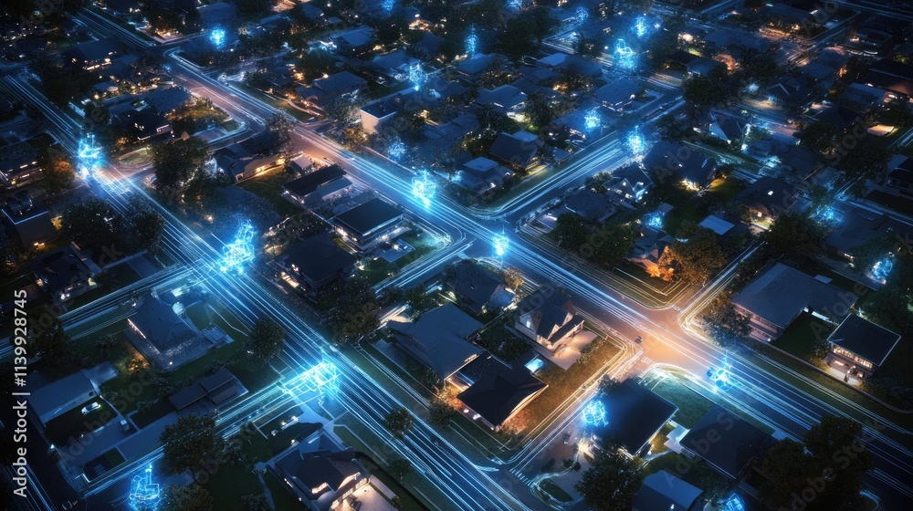 Fototapeta premium Smart City Network Illuminated Nighttime Residential Area