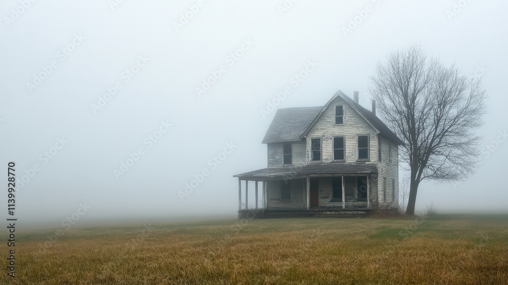 Foggy Field Houses Abandoned Farmhouse Solitude