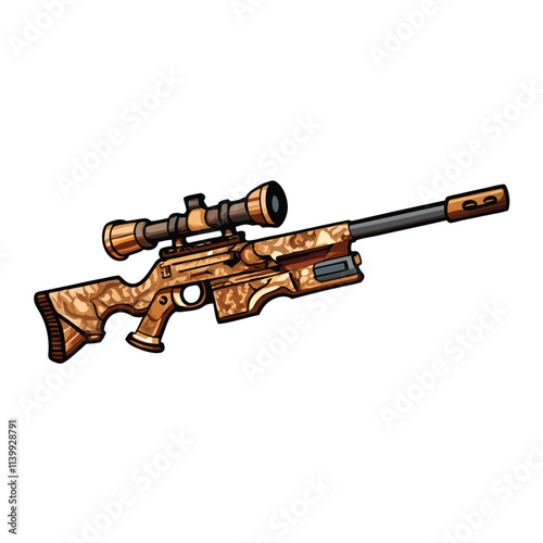 A meticulously camouflaged precision sniper rifle, expertly blended into a desert landscape, showcasing its advanced design and deadly accuracy.