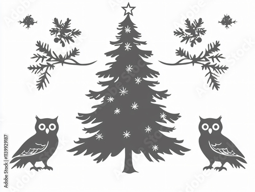 Silhouette Christmas trees owl snowflake winter branch black white festive nature illustration background clipart vintage rustic invitation greeting card simple vector minimal bird sketch wallpaper
