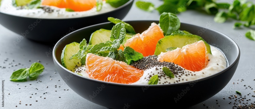 Fresh Fruit Salad with Yogurt and Mint in Black Bowl Fresh Fruit Salad with Yogurt and Mint in Black Bowl