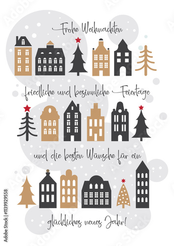Weihnachten Grußkarte - deutscher Text - dekorative Altstadt mit Weihnachtsbäumen und Sternen in Winterlandschaft - gold schwarz 