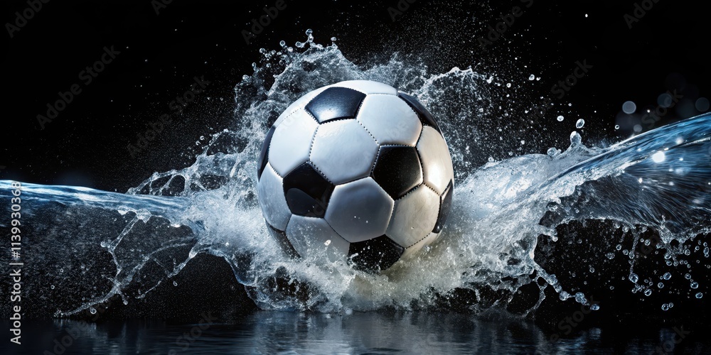 Fototapeta premium Soccer ball splashing into water on black background, soccer, ball, water, splash, sports, wet, black background, motion